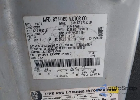 2012 Ford F-150 Fx4 z USA, uszkodzony, nr VIN 1FTFW1EFXCKD17062